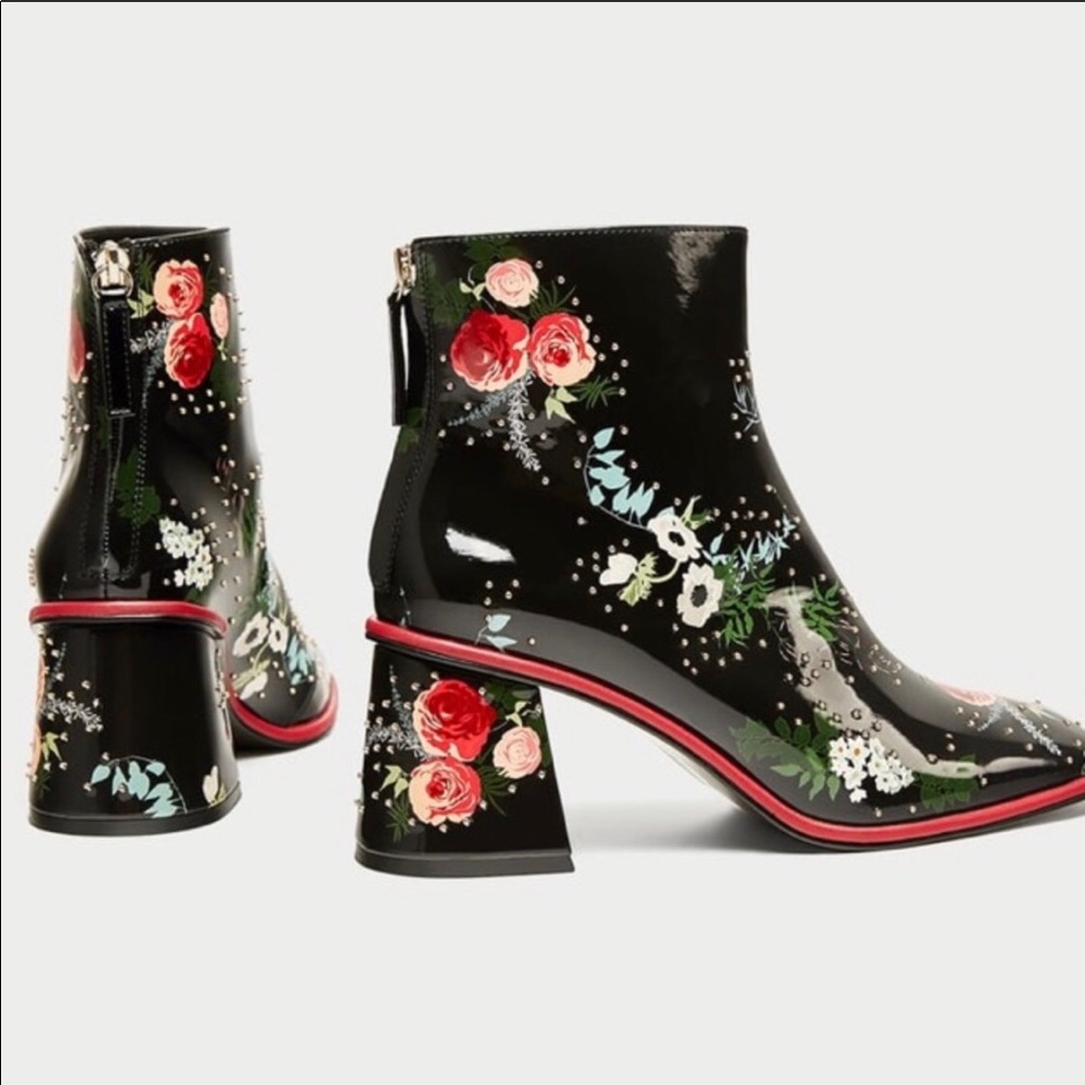 Zara Black patent leather floral stud ankle boots